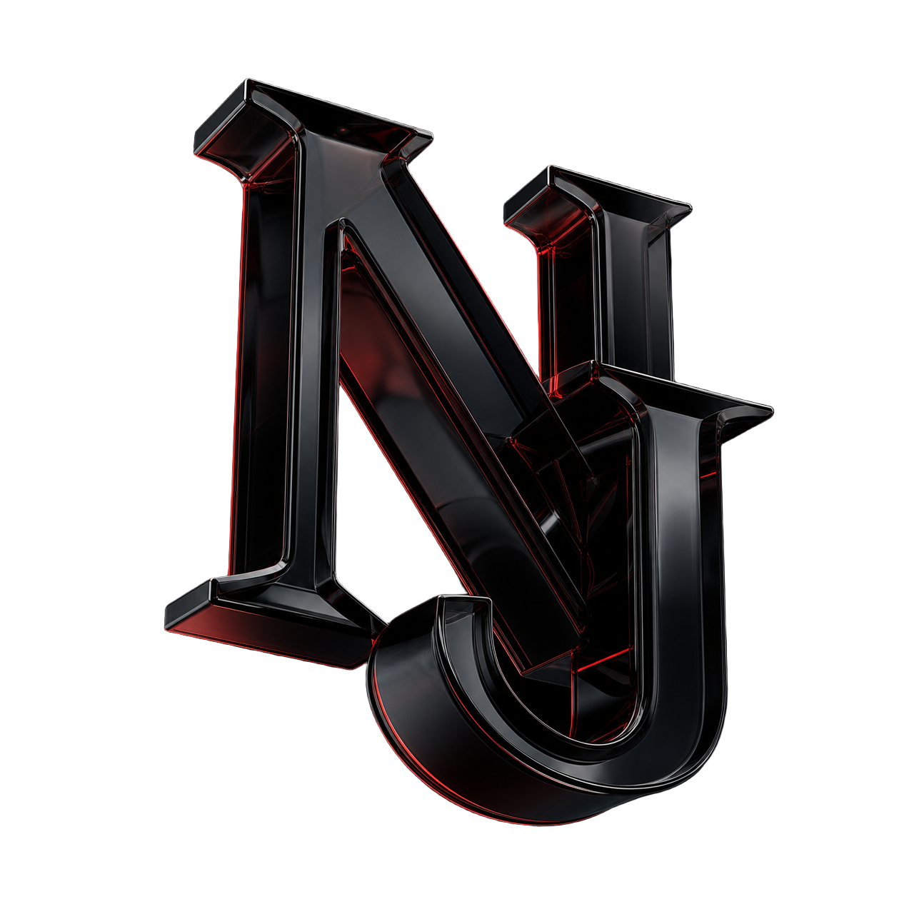 Abstract three-dimensional NJ monogram in dark chrome and smoked glass